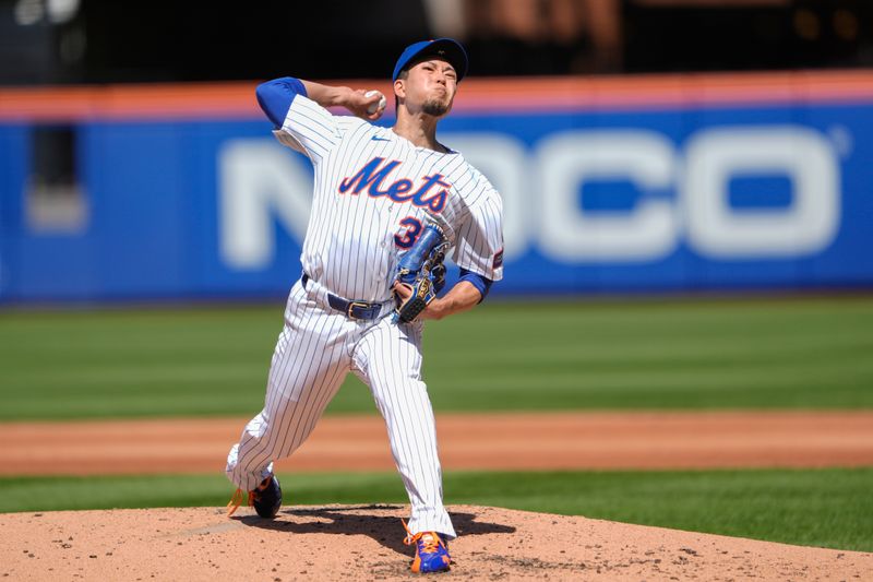 Aug 31, 2025; New York City, New York, USA; New York Mets pitcher Kodai Senga (34) delivers a pitch against the Miami Marlins during the third inning at Citi Field. Mandatory Credit: Gregory Fisher-Imagn Images