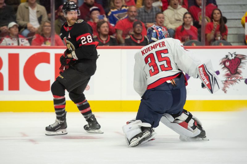 Oct 18, 2023; Ottawa, Ontario, CAN; Washington Capitals goalie Darcy Kuemper (35) skates up the ice to clear the puck away from Ottawa Senators right wing Claude Giroux (28) in the first period at the Canadian Tire Centre. Mandatory Credit: Marc DesRosiers-USA TODAY Sports