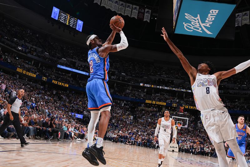 DENVER, CO - MAY 15: Shai Gilgeous-Alexander #2 of the Oklahoma City Thunder shoots the ball during the game against the Denver Nuggets during Round 2 Game 6 on May 15, 2025 at Ball Arena in Denver, Colorado. NOTE TO USER: User expressly acknowledges and agrees that, by downloading and/or using this Photograph, user is consenting to the terms and conditions of the Getty Images License Agreement. Mandatory Copyright Notice: Copyright 2025 NBAE (Photo by Bart Young/NBAE via Getty Images)