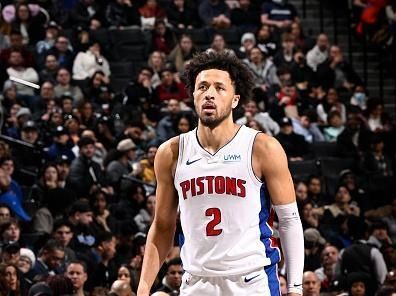 BROOKLYN, NY - DECEMBER 23: Cade Cunningham #2 of the Detroit Pistons looks on during the game against the Brooklyn Nets on December 23, 2023 at Barclays Center in Brooklyn, New York. NOTE TO USER: User expressly acknowledges and agrees that, by downloading and or using this Photograph, user is consenting to the terms and conditions of the Getty Images License Agreement. Mandatory Copyright Notice: Copyright 2023 NBAE (Photo by David Dow/NBAE via Getty Images)