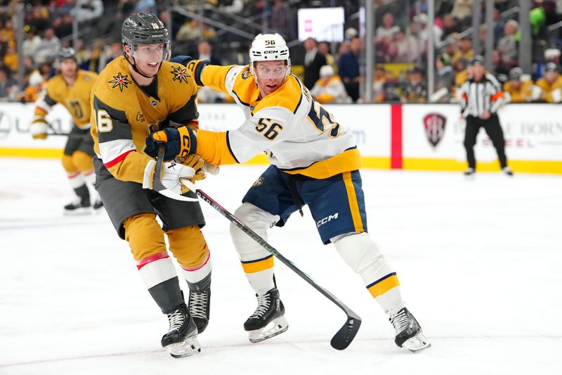 Dec 31, 2025; Las Vegas, Nevada, USA; Nashville Predators left wing Erik Haula (56) checks Vegas Golden Knights right wing Pavel Dorofeyev (16) during the second period at T-Mobile Arena. Mandatory Credit: Stephen R. Sylvanie-Imagn Images
