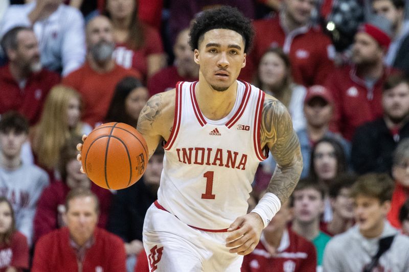 Jan 14, 2023; Bloomington, Indiana, USA; Indiana Hoosiers guard Jalen Hood-Schifino (1) dribbles the ball in the first half against the Wisconsin Badgers at Simon Skjodt Assembly Hall. Mandatory Credit: Trevor Ruszkowski-USA TODAY Sports