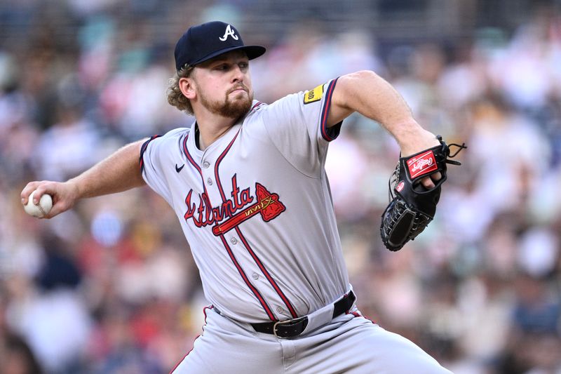 Jul 12, 2024; San Diego, California, USA; Atlanta Braves starting pitcher Spencer Schwellenbach (56) pitches against the San Diego Padres during the first inning at Petco Park. Mandatory Credit: Orlando Ramirez-USA TODAY Sports 