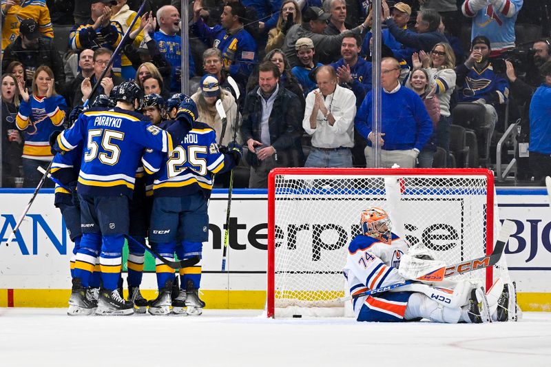 Feb 15, 2024; St. Louis, Missouri, USA;  St. Louis Blues center Robert Thomas (18) celebrates with teammates after scoring against Edmonton Oilers goaltender Stuart Skinner (74) during the first period at Enterprise Center. Mandatory Credit: Jeff Curry-USA TODAY Sports