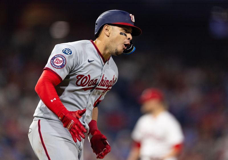 Aug 8, 2023; Philadelphia, Pennsylvania, USA; Washington Nationals designated hitter Joey Meneses (45) reacts as he run the bases after hitting a home run during the ninth inning against the Philadelphia Phillies at Citizens Bank Park. Mandatory Credit: Bill Streicher-USA TODAY Sports