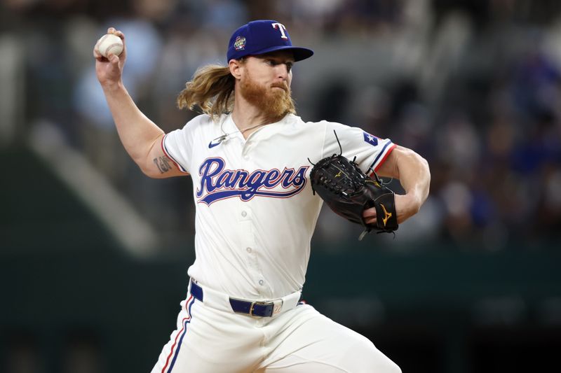 Jun 22, 2024; Arlington, Texas, USA; Texas Rangers pitcher Jon Gray (22) throws a pitch in the first inning against the Kansas City Royals at Globe Life Field. Mandatory Credit: Tim Heitman-USA TODAY Sports