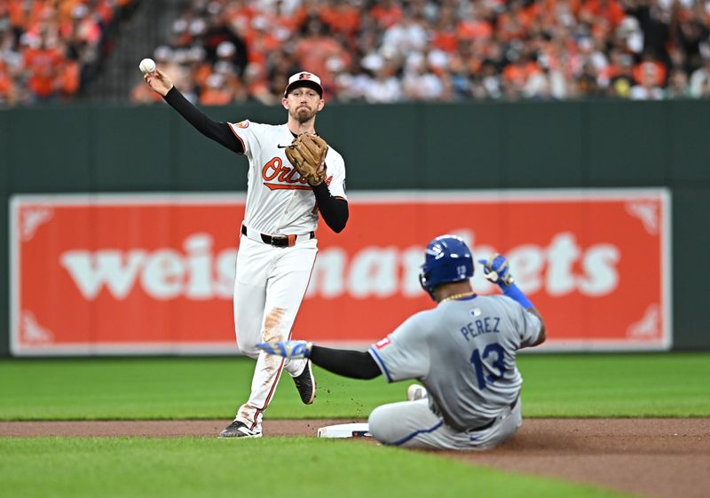 Oct 1, 2024; Baltimore, Maryland, USA; Baltimore Orioles infielder Jordan Westburg (11) turns a double play over Kansas City Royals catcher Salvador Perez (13) in the seventh inning in game one of the Wild Card round for the 2024 MLB Playoffs at Oriole Park at Camden Yards. Mandatory Credit: Tommy Gilligan-Imagn Images