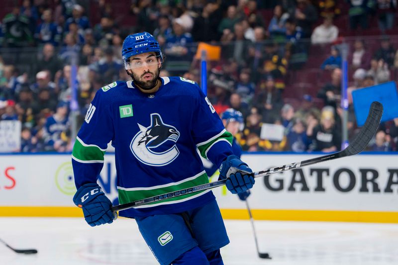 Feb 17, 2024; Vancouver, British Columbia, CAN; Vancouver Canucks forward Arshdeep Bains (80) skates during warm up prior to a game against the Winnipeg Jets at Rogers Arena. Mandatory Credit: Bob Frid-USA TODAY Sports