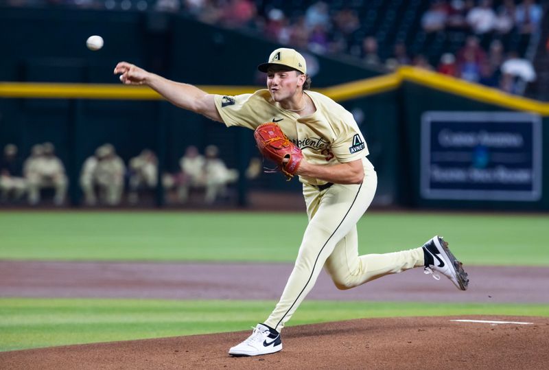 Jun 25, 2024; Phoenix, Arizona, USA; Arizona Diamondbacks pitcher Brandon Pfaadt in the first inning against the Minnesota Twins at Chase Field. Mandatory Credit: Mark J. Rebilas-USA TODAY Sports