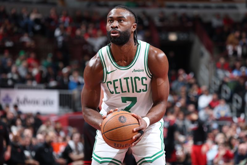 CHICAGO, IL - NOVEMBER 29: Jaylen Brown #7 of the Boston Celtics shoots a free throw during the game against the Chicago Bulls during the Emirates NBA Cup game on November 29, 2024 at United Center in Chicago, Illinois. NOTE TO USER: User expressly acknowledges and agrees that, by downloading and or using this photograph, User is consenting to the terms and conditions of the Getty Images License Agreement. Mandatory Copyright Notice: Copyright 2024 NBAE (Photo by Jeff Haynes/NBAE via Getty Images)