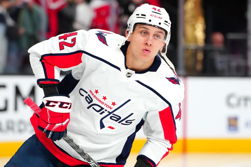 Dec 2, 2023; Las Vegas, Nevada, USA; Washington Capitals defenseman Martin Fehervary (42) warms up before a game against the Vegas Golden Knights at T-Mobile Arena. Mandatory Credit: Stephen R. Sylvanie-USA TODAY Sports