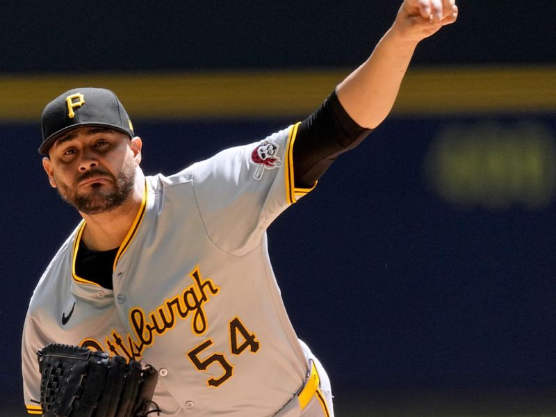 May 15, 2024; Milwaukee, Wisconsin, USA; Pittsburgh Pirates pitcher Martín Pérez (54) throws during the first inning of their game against the Milwaukee Brewers at American Family Field. Mandatory Credit: Mark Hoffman-USA TODAY Sports