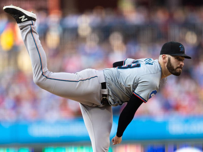 Jun 28, 2024; Philadelphia, Pennsylvania, USA; Miami Marlins pitcher Kyle Tyler (73) throws a pitch during the third inning against the Philadelphia Phillies at Citizens Bank Park. Mandatory Credit: Bill Streicher-USA TODAY Sports