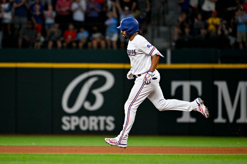 Aug 3, 2023; Arlington, Texas, USA; Texas Rangers second baseman Marcus Semien (2) rounds the bases after he hits a home run against the Chicago White Sox during the fourth inning at Globe Life Field. Mandatory Credit: Jerome Miron-USA TODAY Sports