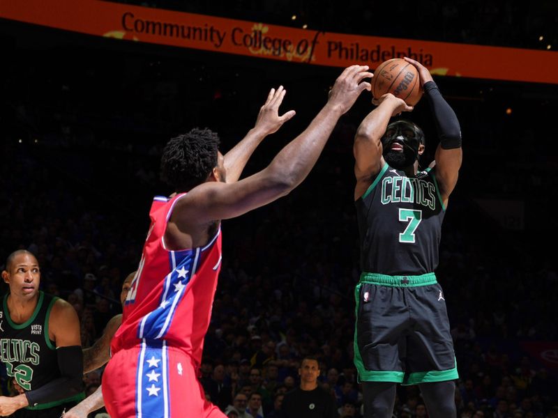 PHILADELPHIA, PA - MAY 5: Jaylen Brown #7 of the Boston Celtics shoots the ball during the game during Round 2 Game 3 of the Eastern Conference Semi-Finals 2023 NBA Playoffs against the Philadelphia 76ers on May 5, 2023 at the Wells Fargo Center in Philadelphia, Pennsylvania NOTE TO USER: User expressly acknowledges and agrees that, by downloading and/or using this Photograph, user is consenting to the terms and conditions of the Getty Images License Agreement. Mandatory Copyright Notice: Copyright 2023 NBAE (Photo by Jesse D. Garrabrant/NBAE via Getty Images)