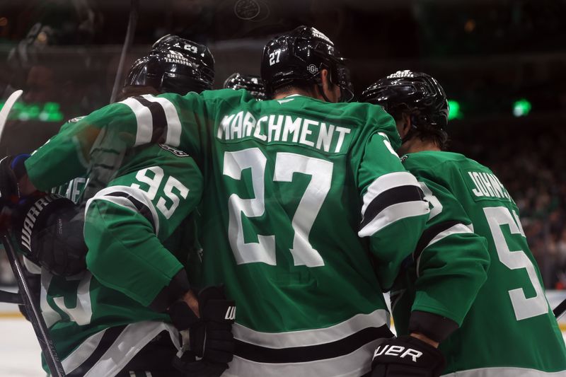 Oct 19, 2024; Dallas, Texas, USA; Dallas Stars center Matt Duchene (95) celebrates with teammates after scoring a goal against the Edmonton Oilers in the second period at American Airlines Center. Mandatory Credit: Tim Heitman-Imagn Images