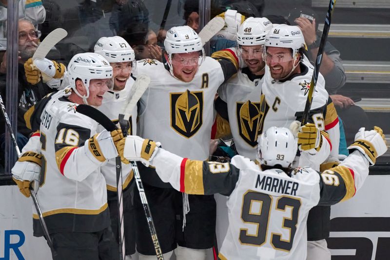 Oct 9, 2025; San Jose, California, USA; Vegas Golden Knights center Jack Eichel (9) celebrates with right wing Pavel Dorofeyev (16), defenseman Shea Theodore (27), center Tomas Hertl (48), right wing Mark Stone (61) and right wing Mitch Marner (93) after scoring against the San Jose Sharks during the third period at SAP Center at San Jose. Mandatory Credit: Robert Edwards-Imagn Images