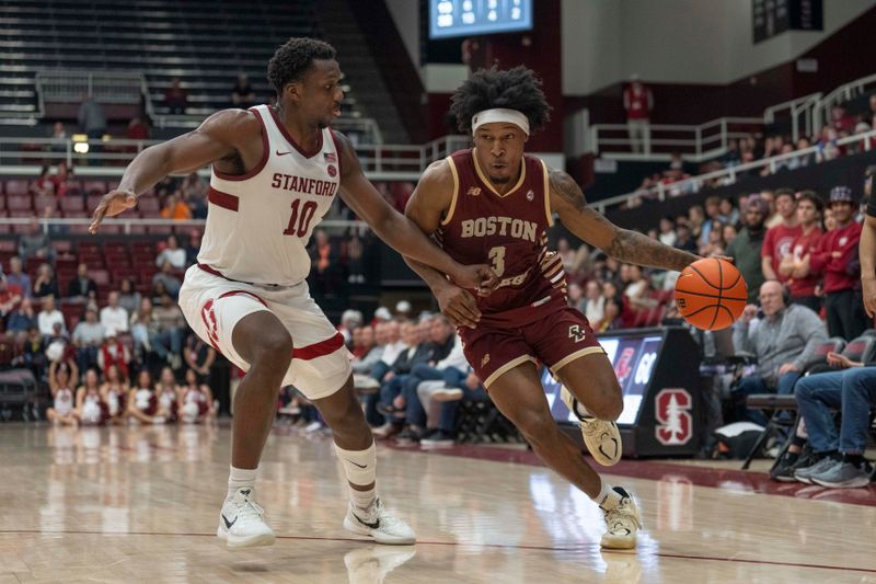 Feb 26, 2025; Stanford, California, USA;  Boston College Eagles guard Roger McFarlane (3) drives the ball during the second half against Stanford Cardinal forward Chisom Okpara (10) at Maples Pavilion. Mandatory Credit: Stan Szeto-Imagn Images