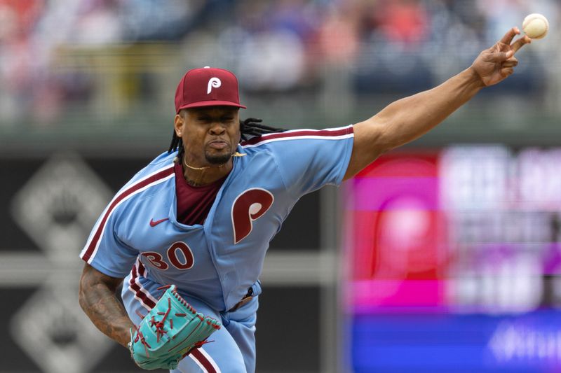 Apr 27, 2023; Philadelphia, Pennsylvania, USA; Philadelphia Phillies relief pitcher Gregory Soto (30) throws a pitch during the eighth inning against the Seattle Mariners at Citizens Bank Park. Mandatory Credit: Bill Streicher-USA TODAY Sports