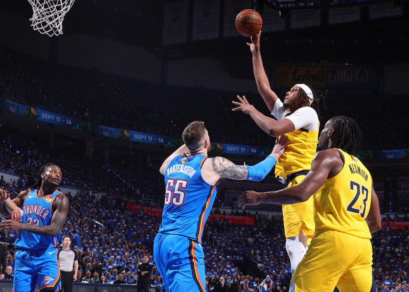 OKLAHOMA CITY, OK - JUNE 8: Myles Turner #33 of the Indiana Pacers shoots the ball during the game against the Oklahoma City Thunder during Game Two of the 2025 NBA Finals on June 8, 2025 at Paycom Center in Oklahoma City, Oklahoma. NOTE TO USER: User expressly acknowledges and agrees that, by downloading and or using this photograph, User is consenting to the terms and conditions of the Getty Images License Agreement. Mandatory Copyright Notice: Copyright 2025 NBAE(Photo by Nathaniel S. Butler/NBAE via Getty Images)