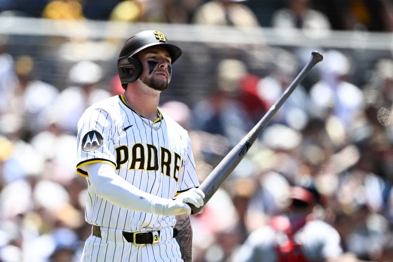Jun 25, 2025; San Diego, California, USA; San Diego Padres center fielder Jackson Merrill (3) throws his bat after striking out during the fifth inning against the Washington Nationals at Petco Park. Mandatory Credit: Denis Poroy-Imagn Images