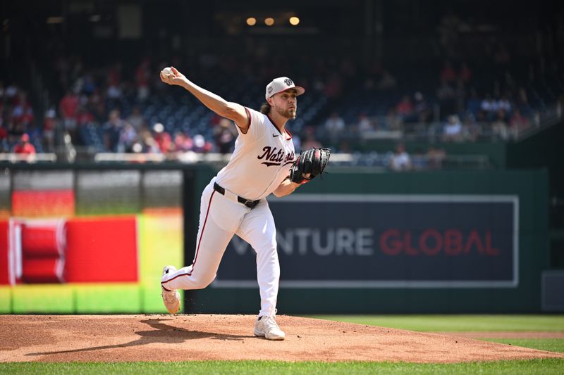 Jul 4, 2024; Washington, District of Columbia, USA; Washington Nationals starting pitcher Jake Irvin (27) throws a pitch against the New York Mets during the first inning at Nationals Park. Mandatory Credit: Rafael Suanes-USA TODAY Sports