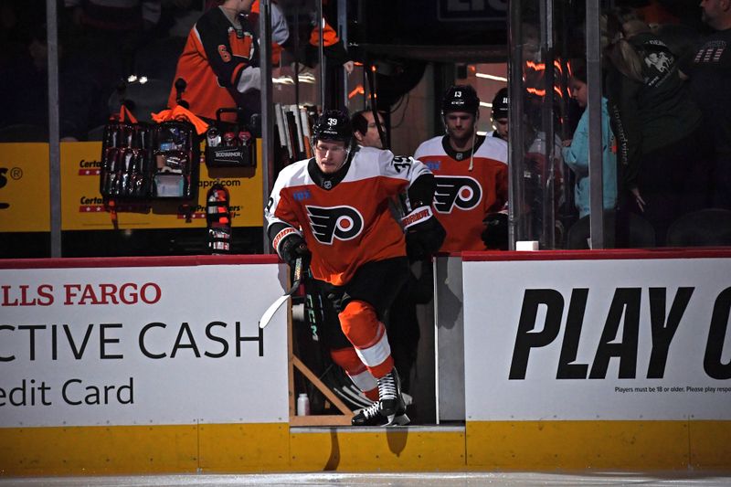 Sep 26, 2024; Philadelphia, Pennsylvania, USA; Philadelphia Flyers right wing Matvei Michkov (39) takes the ice before start of game against the New York Islanders at Wells Fargo Center. Mandatory Credit: Eric Hartline-Imagn Images