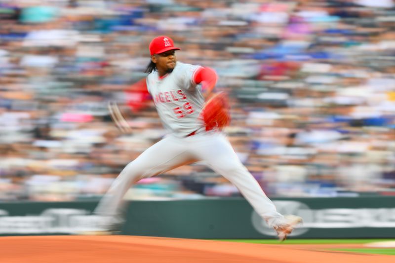 May 31, 2024; Seattle, Washington, USA; Los Angeles Angels starting pitcher Jose Soriano (59) pitches to the Seattle Mariners during the third inning at T-Mobile Park. Mandatory Credit: Steven Bisig-USA TODAY Sports