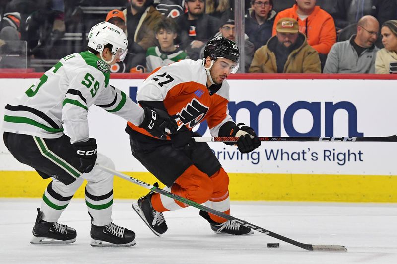 Jan 18, 2024; Philadelphia, Pennsylvania, USA; Philadelphia Flyers left wing Noah Cates (27) moves against Dallas Stars defenseman Thomas Harley (55) during the first period at Wells Fargo Center. Mandatory Credit: Eric Hartline-USA TODAY Sports