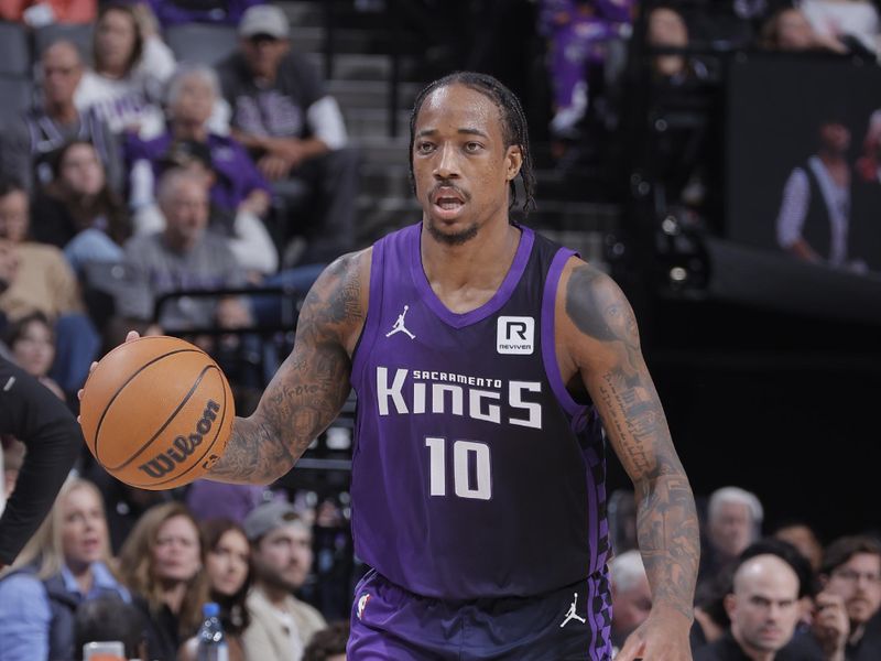 SACRAMENTO, CA - JANUARY 1:  DeMar DeRozan #10 of the Sacramento Kings dribbles the ball during the game against the Philadelphia 76ers on January 1, 2025 at Golden 1 Center in Sacramento, California. NOTE TO USER: User expressly acknowledges and agrees that, by downloading and or using this Photograph, user is consenting to the terms and conditions of the Getty Images License Agreement. Mandatory Copyright Notice: Copyright 2025 NBAE (Photo by Rocky Widner/NBAE via Getty Images)