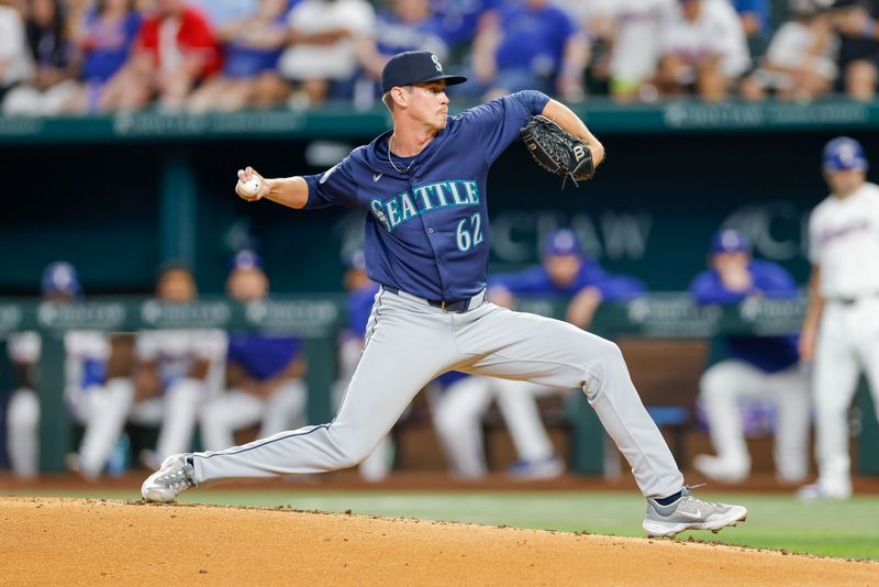 Sep 21, 2024; Arlington, Texas, USA; Seattle Mariners pitcher Emerson Hancock (62) throws during the third inning against the Texas Rangers at Globe Life Field. Mandatory Credit: Andrew Dieb-Imagn Images