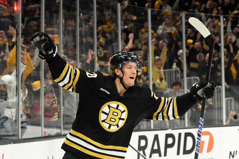 Apr 20, 2024; Boston, Massachusetts, USA; Boston Bruins center Jesper Boqvist (70) reacts after a goal during the first period in game one of the first round of the 2024 Stanley Cup Playoffs against the Toronto Maple Leafs at TD Garden. Mandatory Credit: Bob DeChiara-USA TODAY Sports