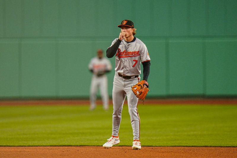 Apr 10, 2024; Boston, Massachusetts, USA; Baltimore Orioles second base Jackson Holliday (7) on the field against the Boston Red Sox in the first inning at Fenway Park. Mandatory Credit: David Butler II-USA TODAY Sports