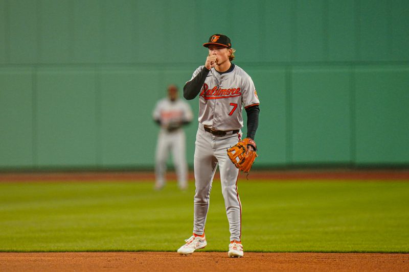 Apr 10, 2024; Boston, Massachusetts, USA; Baltimore Orioles second base Jackson Holliday (7) on the field against the Boston Red Sox in the first inning at Fenway Park. Mandatory Credit: David Butler II-USA TODAY Sports