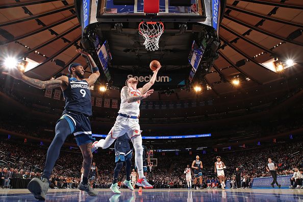 NEW YORK, NY - JANUARY 1: Isaiah Hartenstein #55 of the New York Knicks drives to the basket during the game against the Minnesota Timberwolves on January 1, 2024 at Madison Square Garden in New York City, New York.  NOTE TO USER: User expressly acknowledges and agrees that, by downloading and or using this photograph, User is consenting to the terms and conditions of the Getty Images License Agreement. Mandatory Copyright Notice: Copyright 2024 NBAE  (Photo by Nathaniel S. Butler/NBAE via Getty Images)