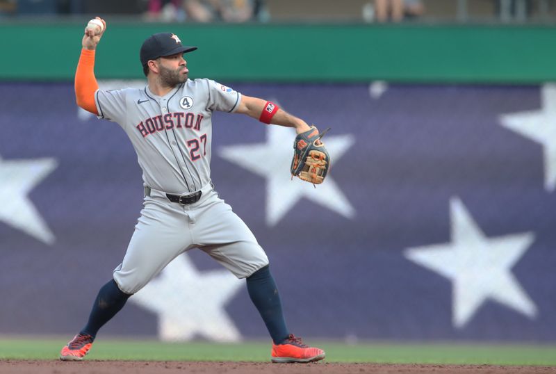 Jun 3, 2025; Pittsburgh, Pennsylvania, USA;  Houston Astros second baseman Jose Altuve (27) warms up before the bottom of the third inning against the Pittsburgh Pirates  at PNC Park. Mandatory Credit: Charles LeClaire-Imagn Images