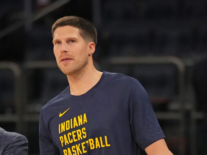 NEW YORK, NY - FEBRUARY 10: Doug McDermott #20 of the Indiana Pacers looks on before the game against the New York Knicks on February 10, 2024 at Madison Square Garden in New York City, New York.  NOTE TO USER: User expressly acknowledges and agrees that, by downloading and or using this photograph, User is consenting to the terms and conditions of the Getty Images License Agreement. Mandatory Copyright Notice: Copyright 2024 NBAE  (Photo by Jesse D. Garrabrant/NBAE via Getty Images)