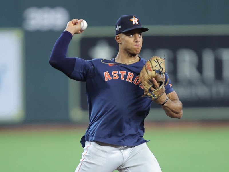 Oct 7, 2023; Houston, Texas, USA; Houston Astros shortstop Jeremy Pena (3) warms up during batting practice before the game against the Minnesota Twins  during game one of the ALDS for the 2023 MLB playoffs at Minute Maid Park. Mandatory Credit: Erik Williams-USA TODAY Sports