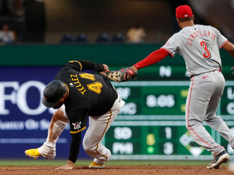 Jun 17, 2024; Pittsburgh, Pennsylvania, USA;  Cincinnati Reds third baseman Jeimer Candelario (3) tags Pittsburgh Pirates first baseman Rowdy Tellez (44) out between second base and third base on a fielders choice run down during the third inning at PNC Park. Mandatory Credit: Charles LeClaire-USA TODAY Sports