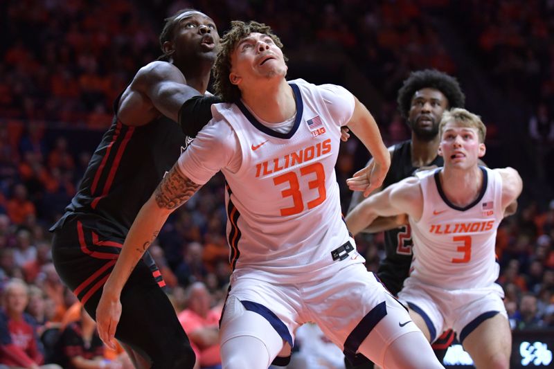 Jan 21, 2024; Champaign, Illinois, USA; Illinois Fighting Illini forward Coleman Hawkins (33) and Rutgers Scarlet Knights center Clifford Omoruyi (11) battle for position under the basket during the second half at State Farm Center. Mandatory Credit: Ron Johnson-USA TODAY Sports