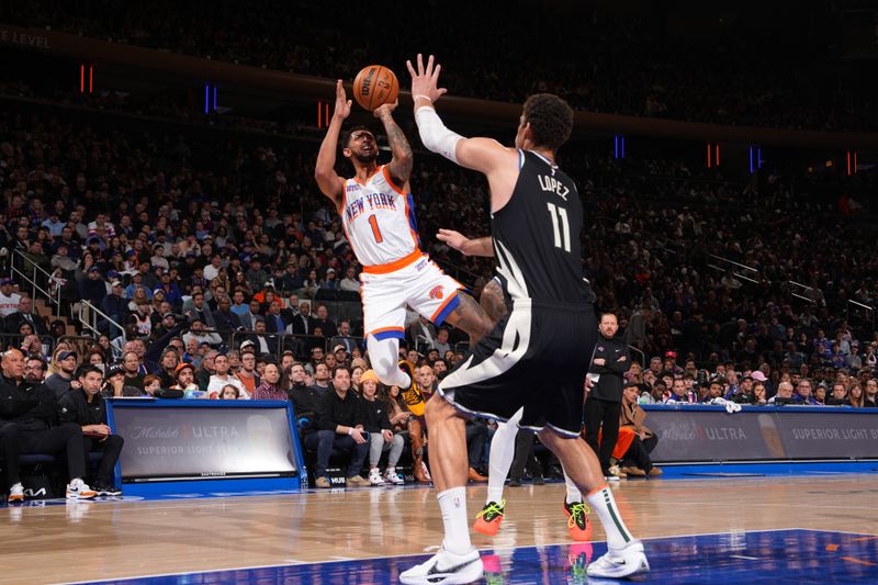 NEW YORK, NY - JANUARY 12: Cameron Payne #1 of the New York Knicks shoots the ball during the game against the Milwaukee Bucks on January 12, 2025 at Madison Square Garden in New York City, New York.  NOTE TO USER: User expressly acknowledges and agrees that, by downloading and or using this photograph, User is consenting to the terms and conditions of the Getty Images License Agreement. Mandatory Copyright Notice: Copyright 2025 NBAE  (Photo by Jesse D. Garrabrant/NBAE via Getty Images)