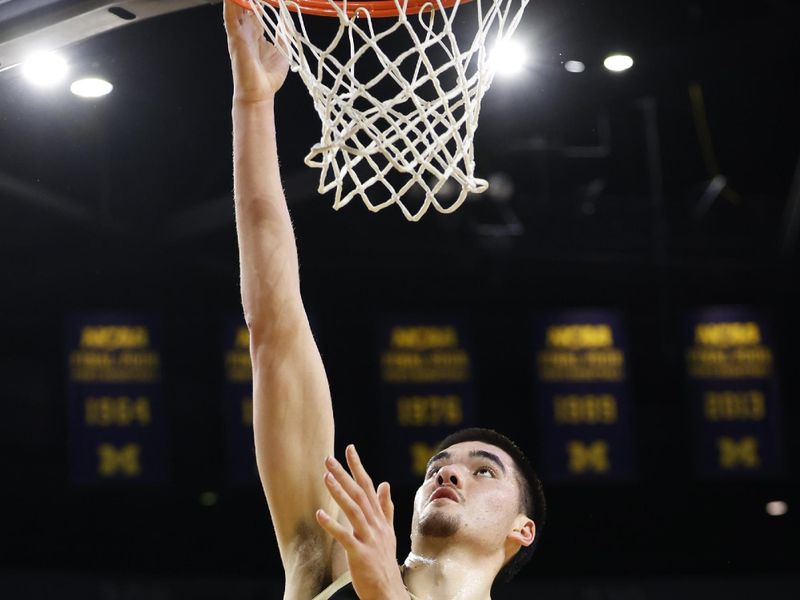 Feb 25, 2024; Ann Arbor, Michigan, USA;  Purdue Boilermakers center Zach Edey (15) shoots in the second half against the Michigan Wolverines at Crisler Center. Mandatory Credit: Rick Osentoski-USA TODAY Sports