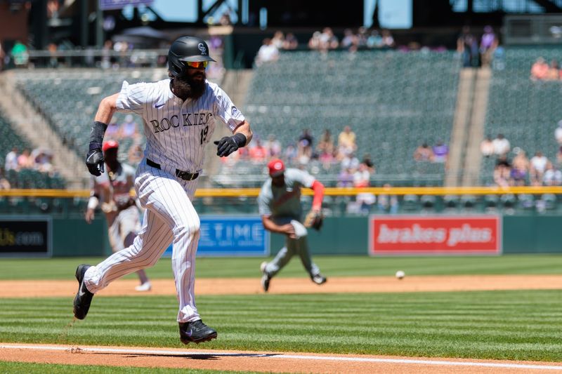 Jun 5, 2024; Denver, Colorado, USA; Colorado Rockies outfielder Charlie Blackmon (19) runs home to score during the first inning against the Cincinnati Reds at Coors Field. Mandatory Credit: Andrew Wevers-USA TODAY Sports