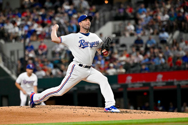 Aug 3, 2023; Arlington, Texas, USA; Texas Rangers starting pitcher Max Scherzer (31) pitches against the Chicago White Sox during the third inning at Globe Life Field. Mandatory Credit: Jerome Miron-USA TODAY Sports