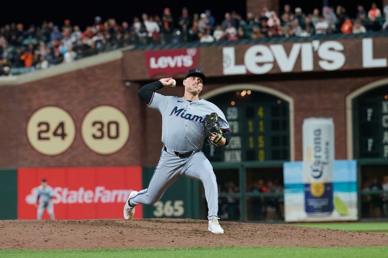 Aug 31, 2024; San Francisco, California, USA; Miami Marlins pitcher Calvin Faucher (53) throws a pitch against the San Francisco Giants during the ninth inning at Oracle Park. Mandatory Credit: Robert Edwards-USA TODAY Sports
