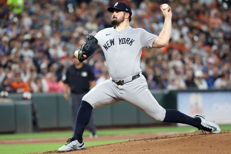 Sep 20, 2025; Baltimore, Maryland, USA; New York Yankees pitcher Carlos Rodon (55) throws during the first inning against the Baltimore Orioles at Oriole Park at Camden Yards. Mandatory Credit: Daniel Kucin Jr.-Imagn Images