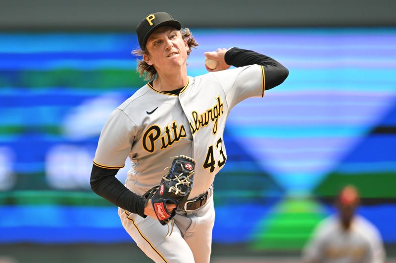 Aug 20, 2023; Minneapolis, Minnesota, USA; Pittsburgh Pirates relief pitcher Ryan Borucki (43) throws a pitch against the Minnesota Twins during the third inning at Target Field. Mandatory Credit: Jeffrey Becker-USA TODAY Sports