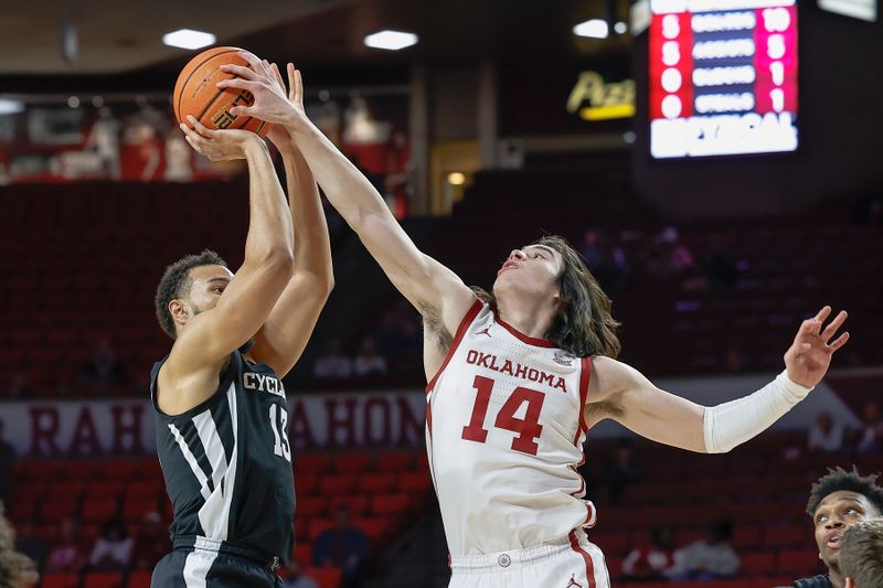 Jan 4, 2023; Norman, Oklahoma, USA; Oklahoma Sooners guard Bijan Cortes (14) blocks a shot by Iowa State Cyclones guard Jaren Holmes (13) during the first half at Lloyd Noble Center. Mandatory Credit: Alonzo Adams-USA TODAY Sports