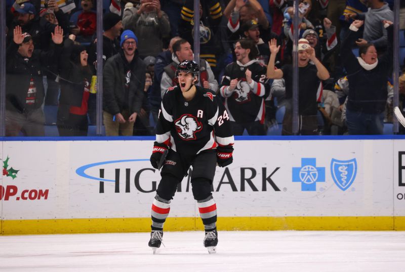 Nov 29, 2024; Buffalo, New York, USA;  Buffalo Sabres center Dylan Cozens (24) reacts after scoring his second goal of the game during the third period against the Vancouver Canucks at KeyBank Center. Mandatory Credit: Timothy T. Ludwig-Imagn Images