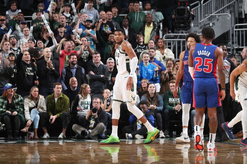 MILWAUKEE, WI - NOVEMBER 13: Giannis Antetokounmpo #34 of the Milwaukee Bucks looks on during the game against the Detroit Pistons on November 13, 2024 at the Fiserv Forum Center in Milwaukee, Wisconsin. NOTE TO USER: User expressly acknowledges and agrees that, by downloading and or using this Photograph, user is consenting to the terms and conditions of the Getty Images License Agreement. Mandatory Copyright Notice: Copyright 2024 NBAE (Photo by Gary Dineen/NBAE via Getty Images).